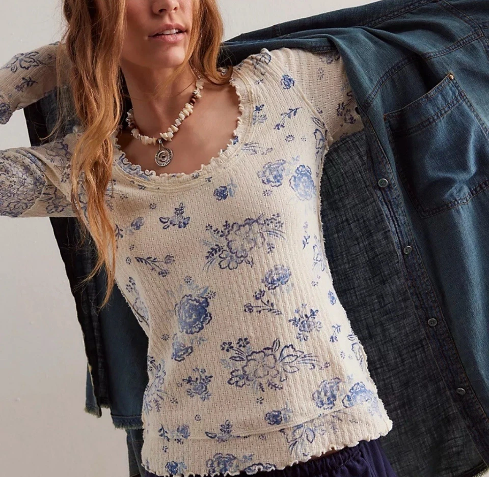 We The Free Clover Printed Thermal  Ivory Combo Blue Flowers Long Sleeve  Large  - Image 1 of 4