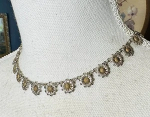 Vintage Sterling Silver Filigree & Gold Fill Daisy Chain Flower Necklace 15-1/2” - Picture 1 of 5