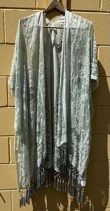 Free People Kimono Women's One Size Seafoam Green Tassel Floral Duster Boho Chic - Picture 1 of 8