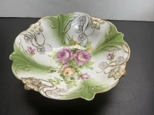 Cuenco para servir vintage PS Alemania, porcelana multicolor borde festoneado 10". - Imagen 1 de 7