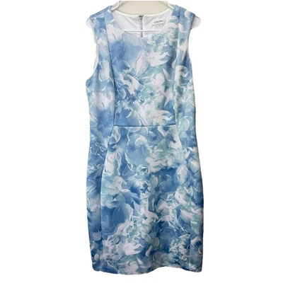 Calvin Klein Blue Floral Ivory Scuba Knit Sleeveless Sheath Dress Size 14 - Image 1 of 4