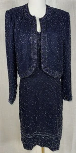 Vintage Indien M 8 2 Stück formell 100 % Seide marineblau Pailletten Perlen Kleid Kleid Jacke - Bild 1 von 12