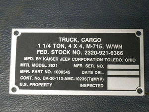 Jeep Willys Kiaser M715 Nominclature plate With winch (P19) - Picture 1 of 1