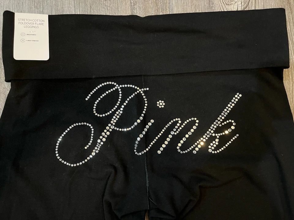 XL Short NWT VICTORIA SECRET PINK Black Bling Cotton Foldover Flare Leggings NEW - Image 1 of 1