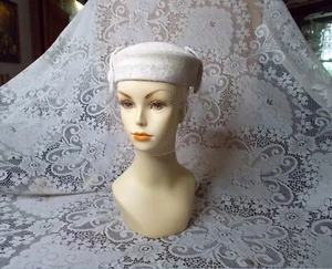 Vntg Ivory Lacy Pillbox Hat W/Veil Ties Side Buttons Rhinestones Wedding 21 1/2" - Picture 1 of 10