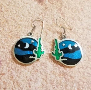 Vtg Signed Mexico Alia Dangle Hook Night Desert Scene Inlay Moon Earrings 1980's - Imagen 1 de 7