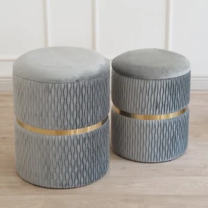INTERIOR Hocker Pouf 2er SET Sitzpuff Polsterhocker grau gold Samt Sitzhocker - Bild 1 von 7