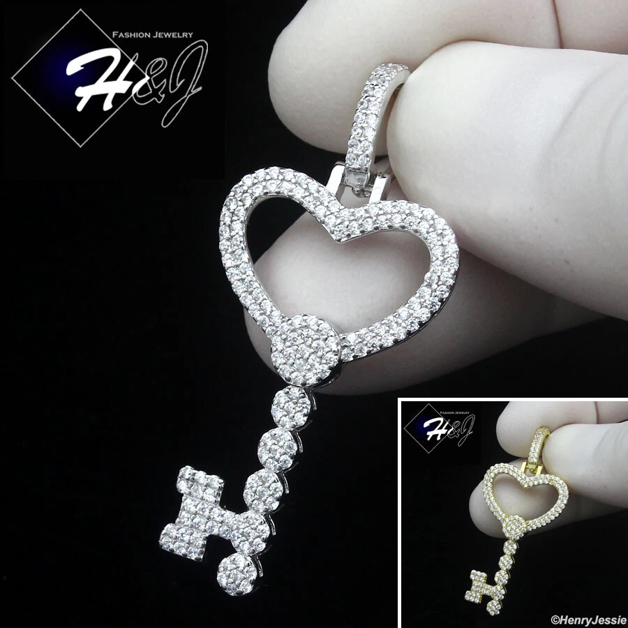 925 STERLING SILVER ICY BLING CZ GOLD PLATED/SILVER 3D HEART KEY PENDANT*SP470 - Image 1 of 1