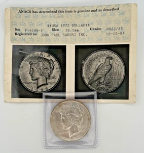 1923 Silver Peace Dollar ANACS Photo Grade Vintage Card MS63/65 - Picture 1 of 7