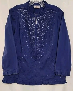 Quacker Factory Blue Silver Rhinestone Zip Jacket Size L - Picture 1 of 6