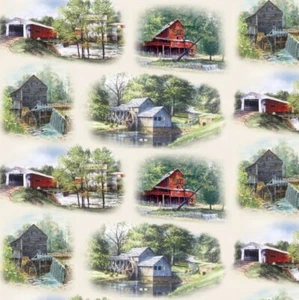 Old Mill Stream Fabric - Water Mill Scenes Cream - Elizabeth's Studio YARD - Picture 1 of 1