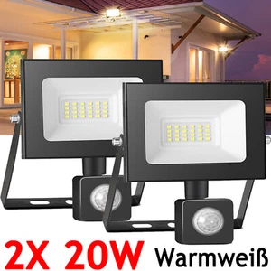 2X 20W LED Fluter mit Bewegungsmelder Außen Strahler Warmweiß Scheinwerfer Lampe - Bild 1 von 8