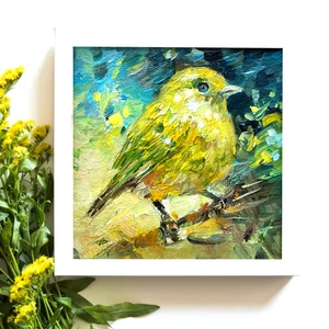 Pájaro Amarillo Original Pintura al Óleo Naturaleza Pintada a Mano Pájaro Mini Arte 4x4 pulgadas - Imagen 1 de 6