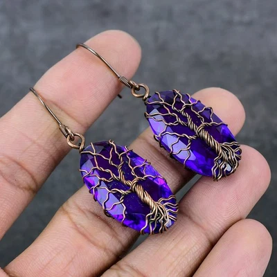 粉色紫水晶宝石手工铜丝包裹式珠宝耳环 2.29" V173 — 第 1/4 张图片