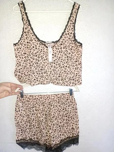 Victoria Secret Women's M Pajama Sleep Set Shorts Button Top Lace Animal Print - Picture 1 of 1