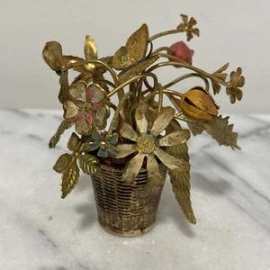 Cesto vintage in ottone con composizione floreale smaltata e bronzo porta farfalla - Foto 1 di 16