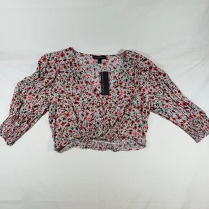 Banana Republic Blouse Womens 14 Gray Red Floral Crop Top Puff Sleeve Smocked - Picture 1 of 13