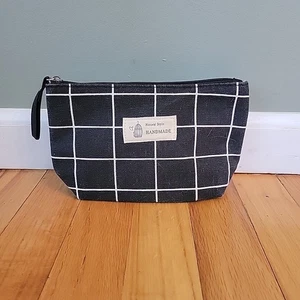 Natural Style HANDMADE Canvas Makeup Bag Travel Black with White Plaid - Picture 1 of 5