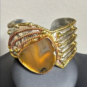 Vtg Artisan Brutalist Cuff Mixed Metal Copper Hammered Statement Bracelet India - Picture 1 of 9
