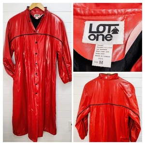 Lot One 80s 90s Long Red Vinyl Raincoat VTG Streetwear Retro Medium Taiwan Punk - Picture 1 of 16