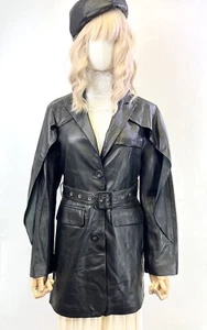 New Women's Genuine Lambskin Leather Black Capelet Belted Trench Coat S-M - Picture 1 of 10