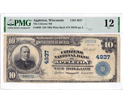 $10 1902 PB National APPLETON Wisconsin WI 🇺🇸 PMG 12 Fine 🇺🇸 - Image 1 of 2
