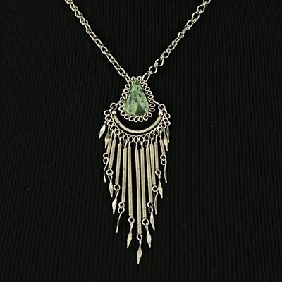 PERUVIAN зеленый камень ожерелье - 16,5 "серебристый тон хризоколла? кулон богемский - Изображение 1 из 4