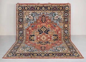 Rust Navy Persiann Heriz Serapi Fine Hand Knotted 100% Wool CUSTOM SIZE Rug - Picture 1 of 14
