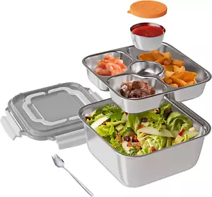 Edelstahl Salatbehälter 60 Unzen Schüssel integrierter Spork 3 Fächer Dressing - Bild 1 von 1