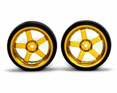 HRC Racing Reifen 1/10 Drift montiert 5-Spoke Gold Felgen 3mm Offset Slick ... - Bild 1 von 4