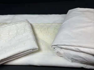 JC PENNEY Vintage Percale TWIN Sheet Set OFF WHITE EYELET EMBROIDERED MADE USA - Picture 1 of 8