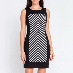 Calvin Klein ärmelloses Etuikleid schwarz weiß Chevron gestreift Größe 8 Stretch - Bild 1 von 12