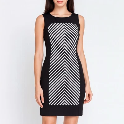 Calvin Klein Sleeveless Sheath Dress Black White Chevron Striped Size 8 Stretch - Image 1 of 4