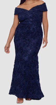 Vestido Xscape para mujer azul adornado encaje sin hombros talla grande 16W Foto 1 de 2