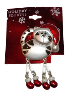 Christmas Holiday Cat with Dangle Legs Enamel Silver Tone Brooch Kitty - Picture 1 of 4