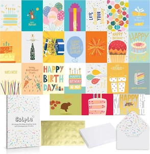 24 Pack Unique Gold Foil Birthday Cards with Envelopes & Stickers | 4X6 Inches B - Picture 1 of 12
