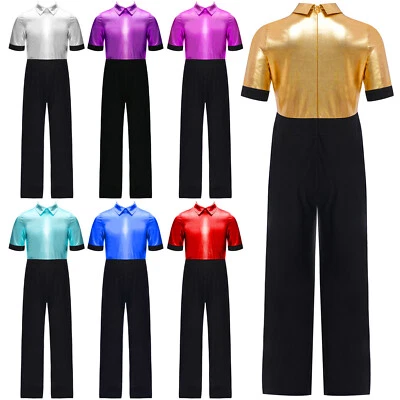 UK Kids Boys Shiny Metallic Sequins Jumpsuits Jazz Dance Disco Costume Dancewear - Image 1 of 3