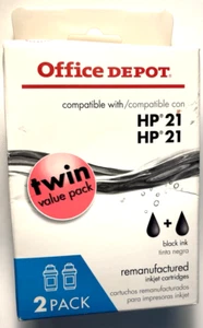 Paquete doble de cartuchos de impresora de tinta negra HP21 Office Depot marca ver caja HP 21 - Imagen 1 de 4