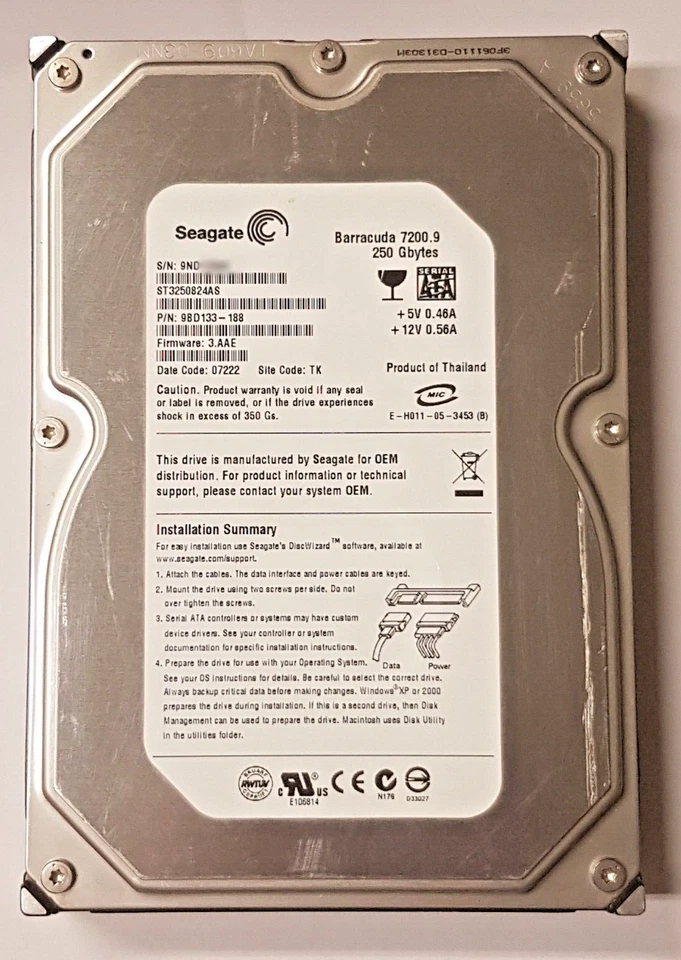 250 GB SATA Seagate barracuda 7200.9 ST3250824AS 8MB HDD 3,5 " Internal Hard - Image 1 of 1