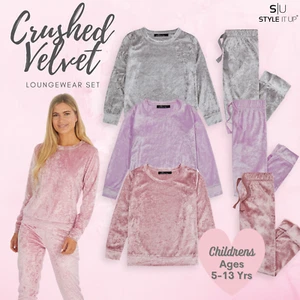 NEW Girls Kids Crushed Velvet Tracksuit Velour Soft Loungewear Sleep PJs Pyjamas - Picture 1 of 19