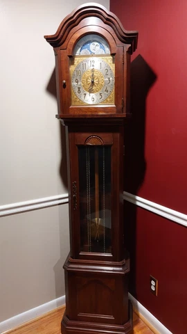 Limited Edition 1978 Ridgeway Grandfather Clock Inlaid Mahogany Date Month Moon Cover