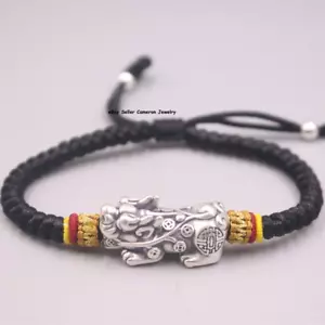 Pure S999 Fine Silver 999 Bangle Men Women Lucky Pixiu Beads Bracelet 3-4g - Picture 1 of 5