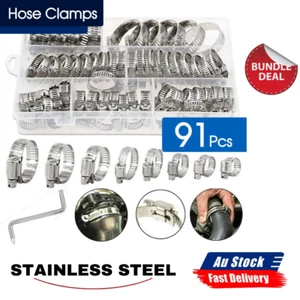 91pc Stainless Steel Hose Clamps Clips Adjustable Range Worm Gear Pipe Clamp Kit - Picture 1 of 11