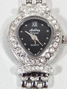 Ashley Princess Black Dial Heart Case Silver Tone Crystal Accent Link Watch - Picture 1 of 9