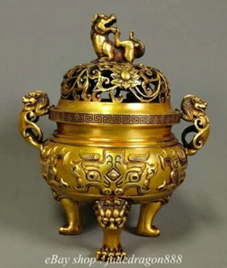 8.8" Chinese Marked Purple Bronze Gilt Beast Pattern Lion Lid Incense Burner - Picture 1 of 9