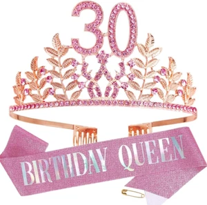 Women Birthday Crown with Combs & a Pink Sash Rhinestone Headband Princess - Picture 1 of 12