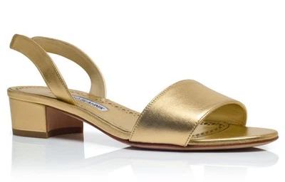 Manolo Blahnik GOLD PATOPIA Ankle Strap Block Heel Slingback Sandal $795 US 7.5 - Imagem 1 de 4