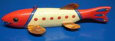 Jay McEvers señuelo de peces aparejos de lanza pesca caña de madera tallada hielo arte popular Foto 1 de 4