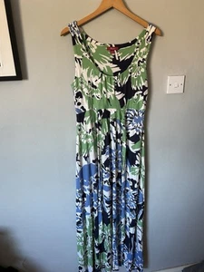 Monsoon Size 16 Green Blue Floral Tie Back Jersey Material Maxi Dress - Picture 1 of 24