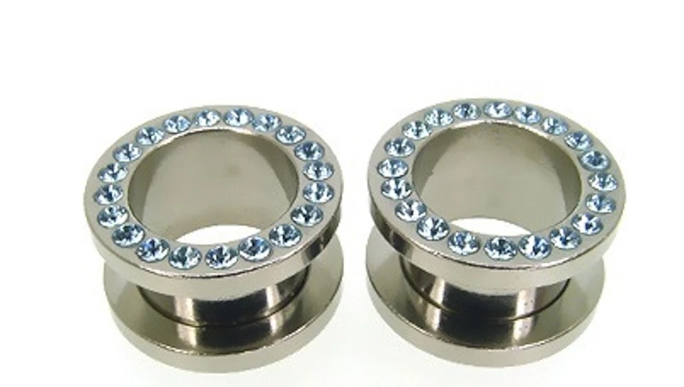 PAR DE TÚNELES DE CARNE GEMA 00g (10MM) con PIEDRAS AZUL CLARO TAPONES PARA OREJAS AQUA Foto 1 de 1